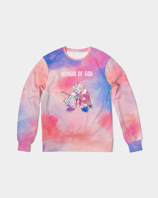 Armor of God pink and blue tie dye crewneck sweatshirt with armed cartoon knight - front side