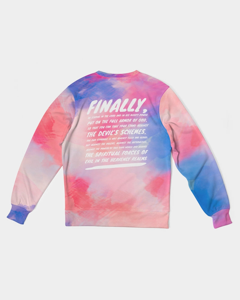 Armor of God pink and blue tie dye crewneck sweatshirt with scripture - backside